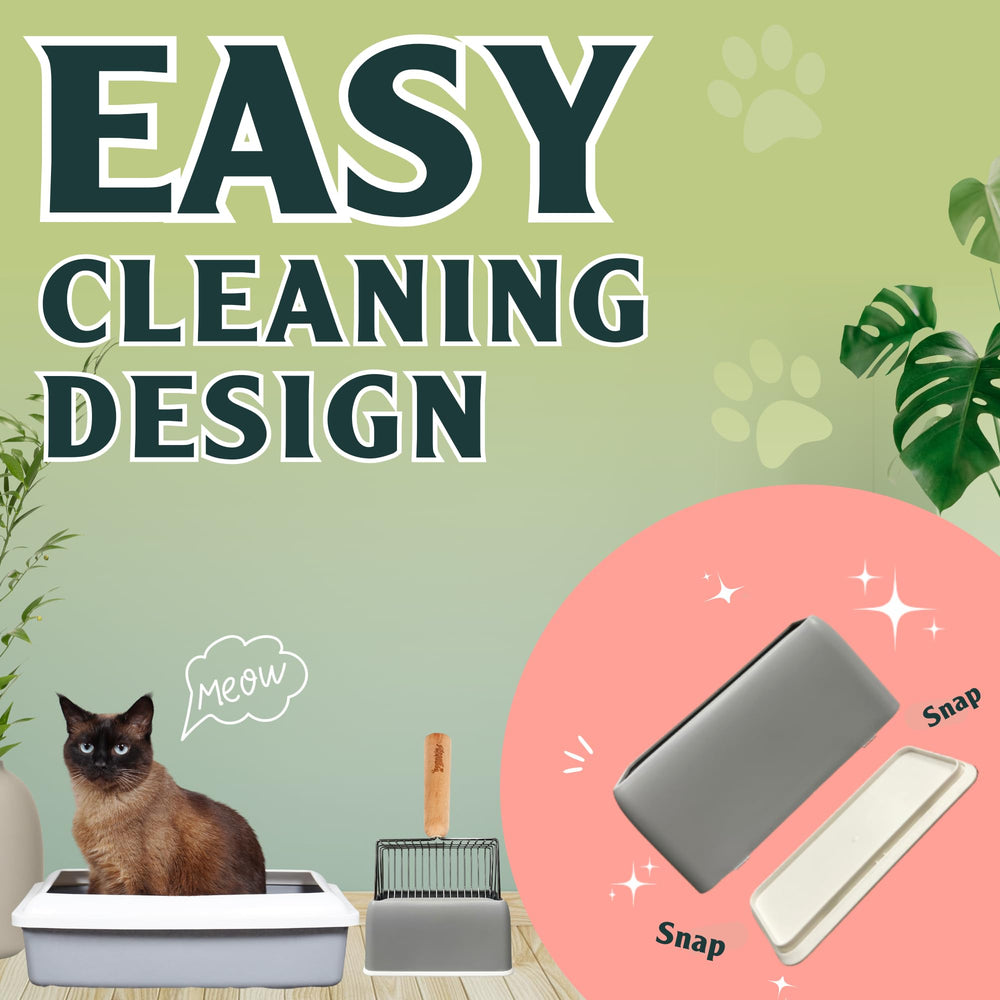 Sprinkle & Sweep litter scoop with holder keeps tool upright for hygienic storage.