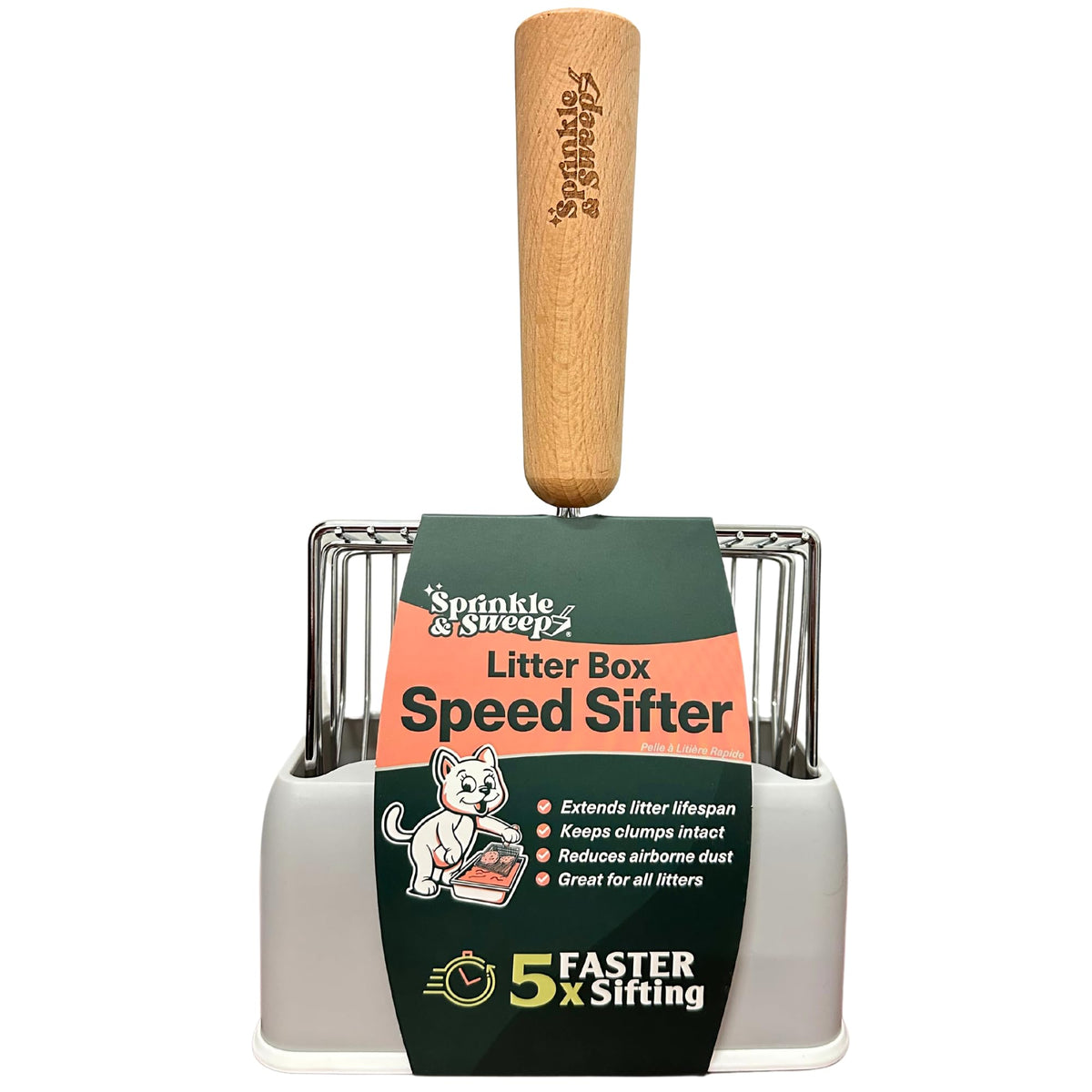 Sprinkle & Sweep metal cat litter scoop enables quick cleanup with reliable clumping separation.
