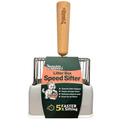 Sprinkle & Sweep metal cat litter scoop enables quick cleanup with reliable clumping separation.