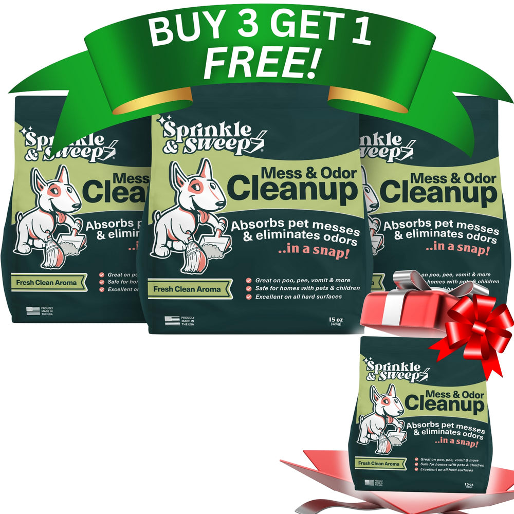 Sprinkle & Sweep pet accident cleanup 4pack enables quick, residue-free mess removal.