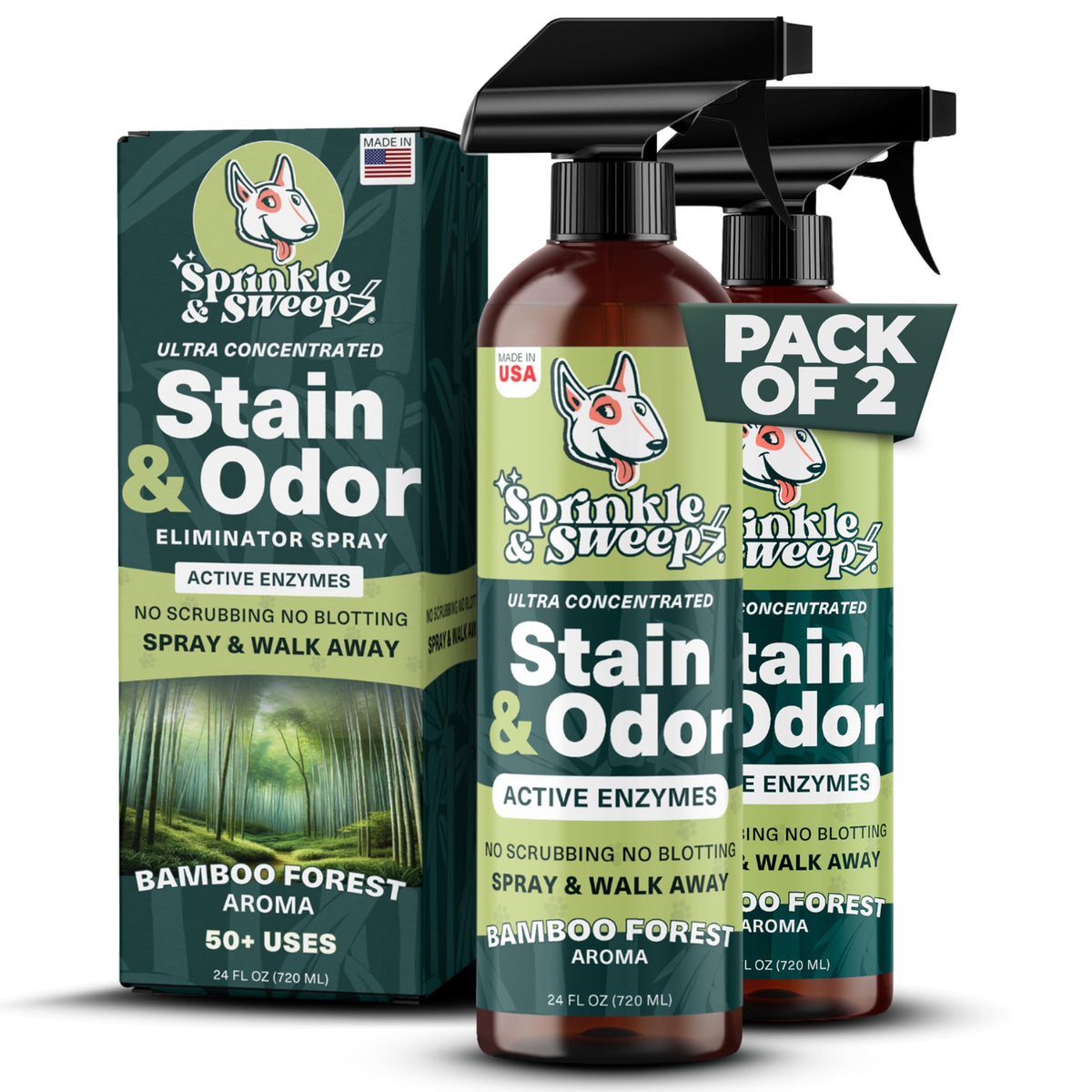Sprinkle & Sweep pet stain remover bottle front, ready for quick carpet deodorizing.