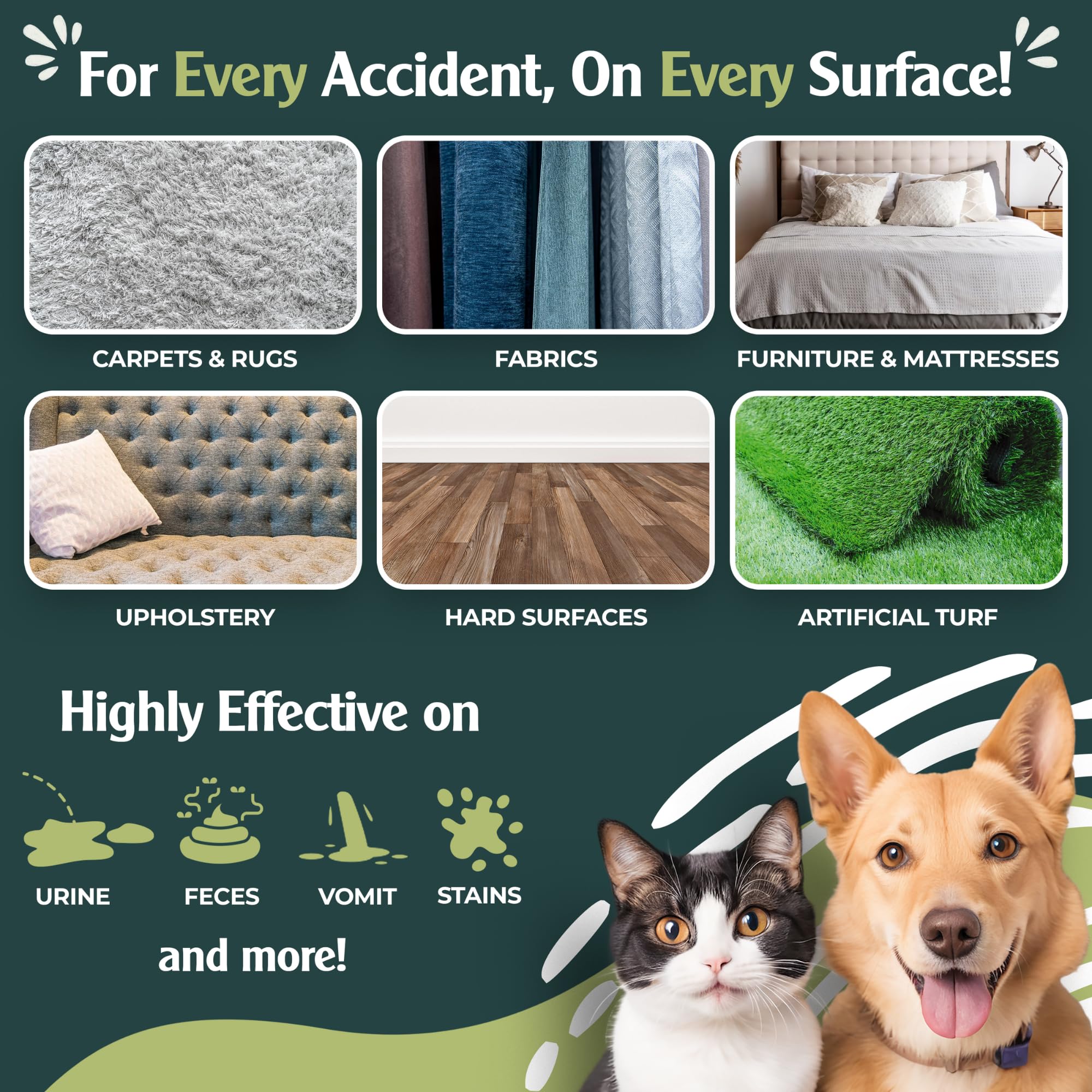 Sprinkle & Sweep spray-action shows fast-acting enzymes tackling urine and stains without scrubbing.
