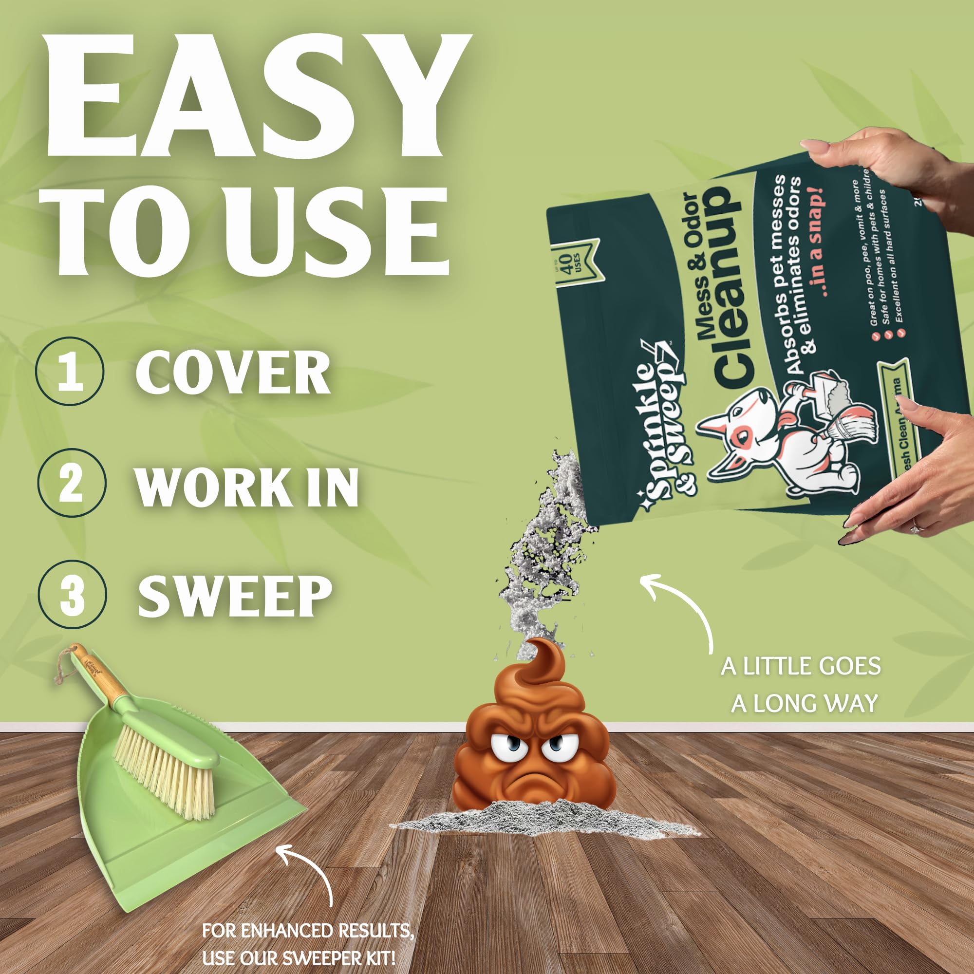 Sprinkle & Sweep powder being sprinkled for quick cleanup on hard surfaces.