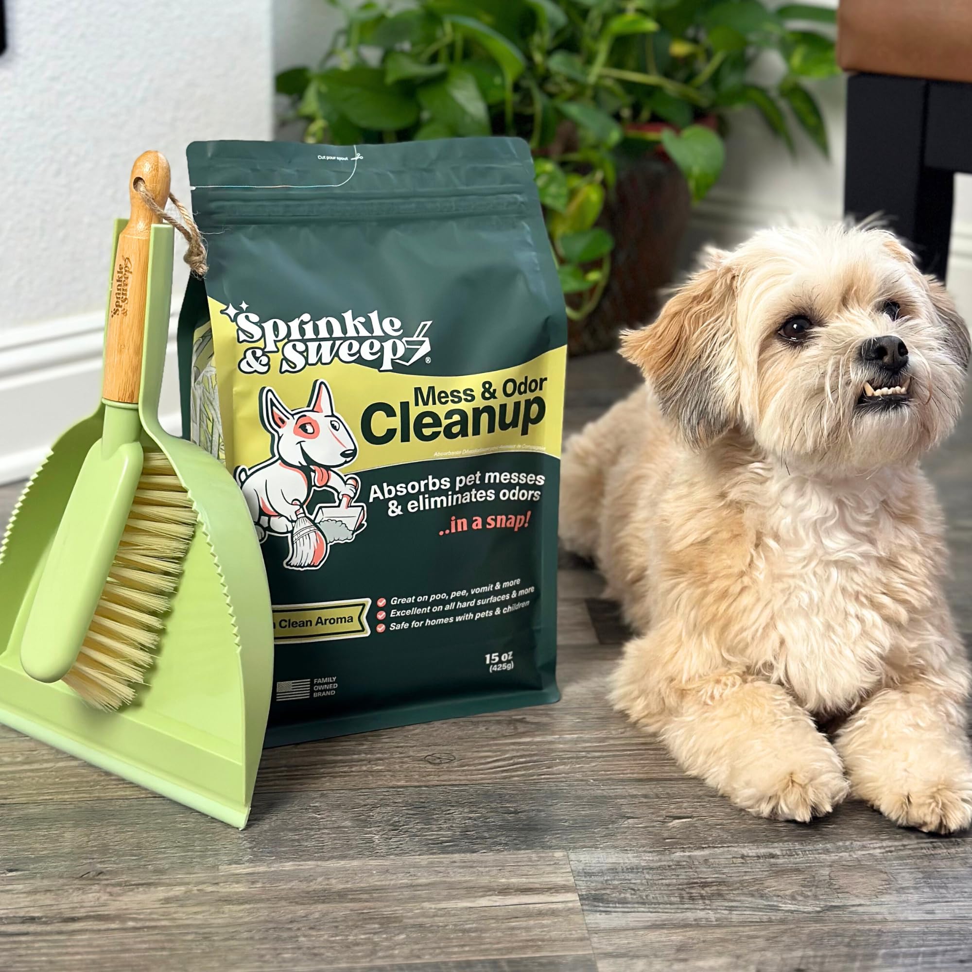 Sprinkle & Sweep safe non-toxic formula suitable for homes with pets and kids.