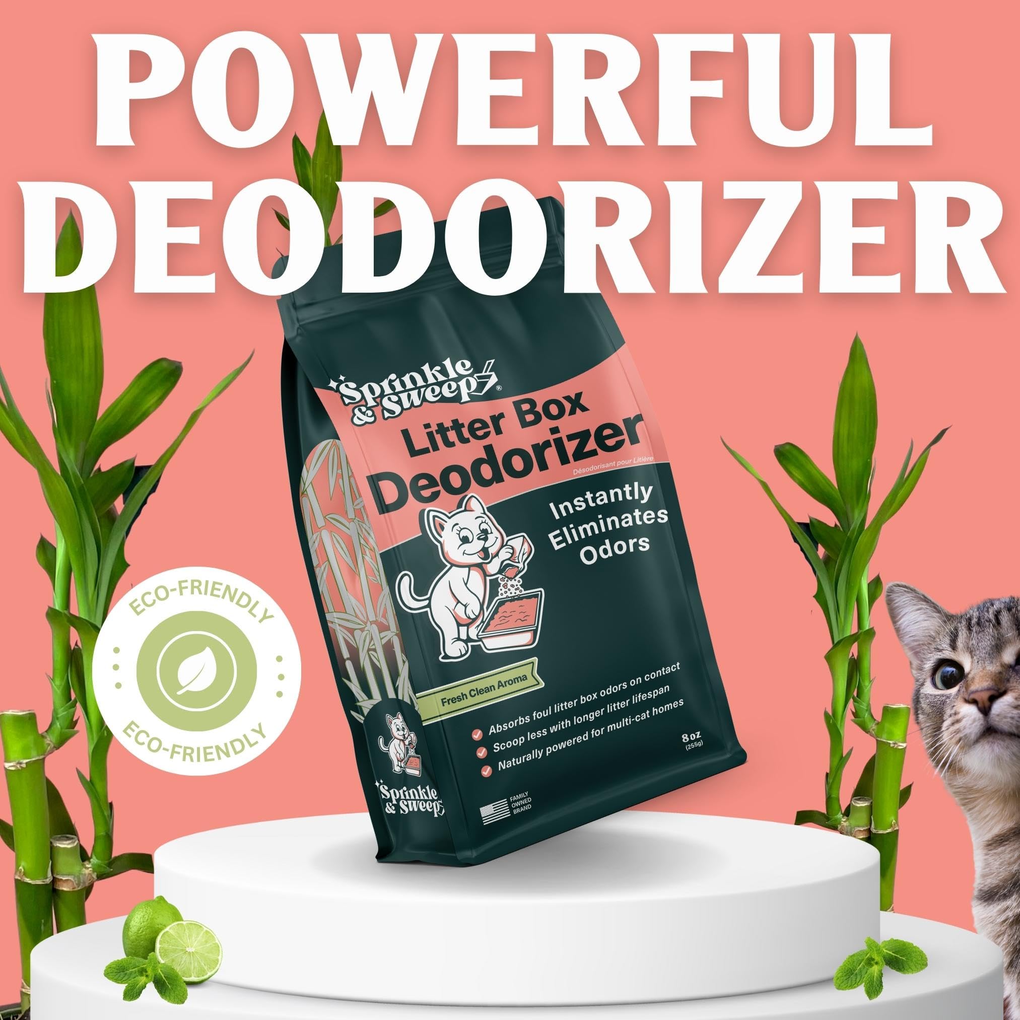 Sprinkle & Sweep versatile deodorizer for trash cans and kennels.