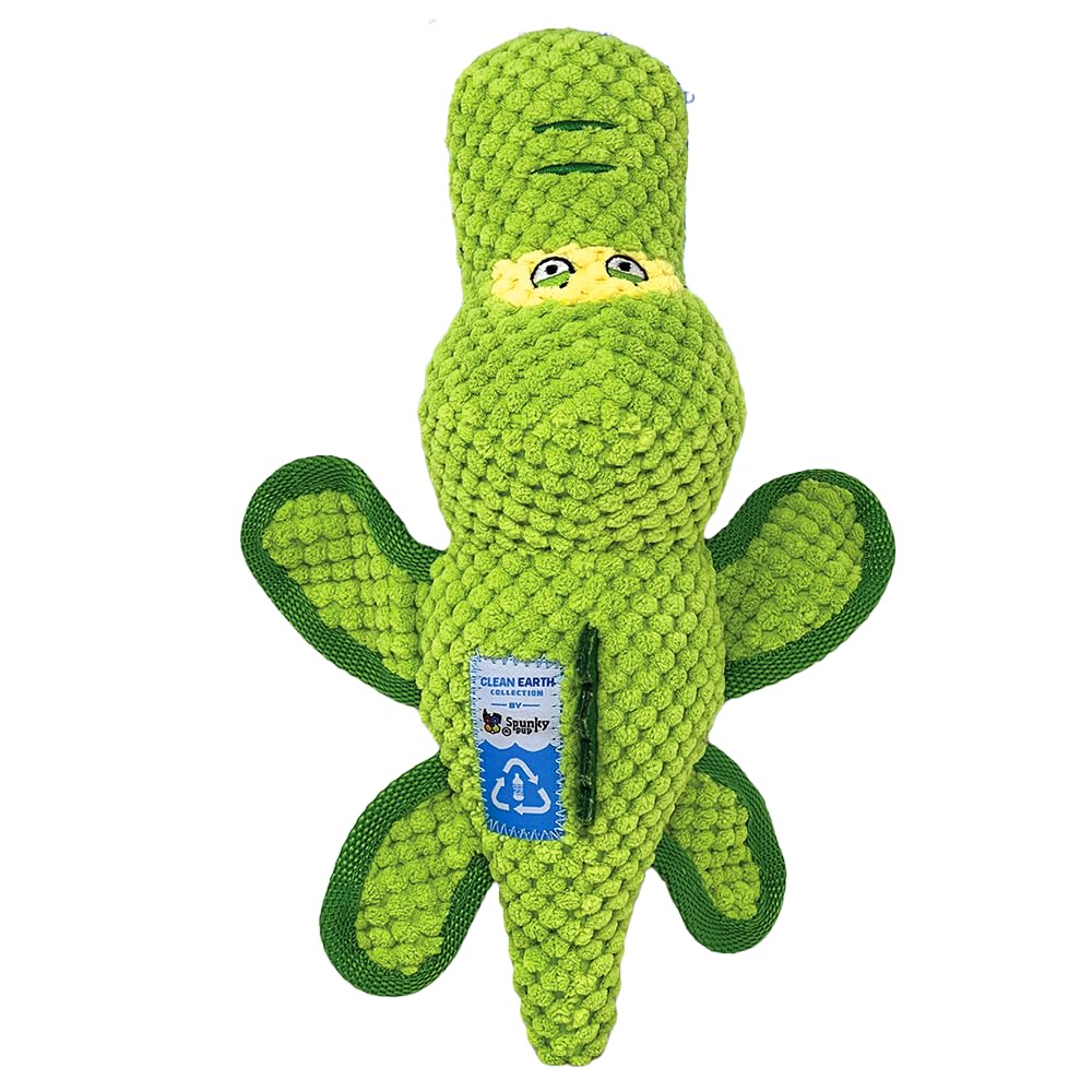 Spunky Pup Clean Earth Gator toy front view with plush design and squeaker for engagement