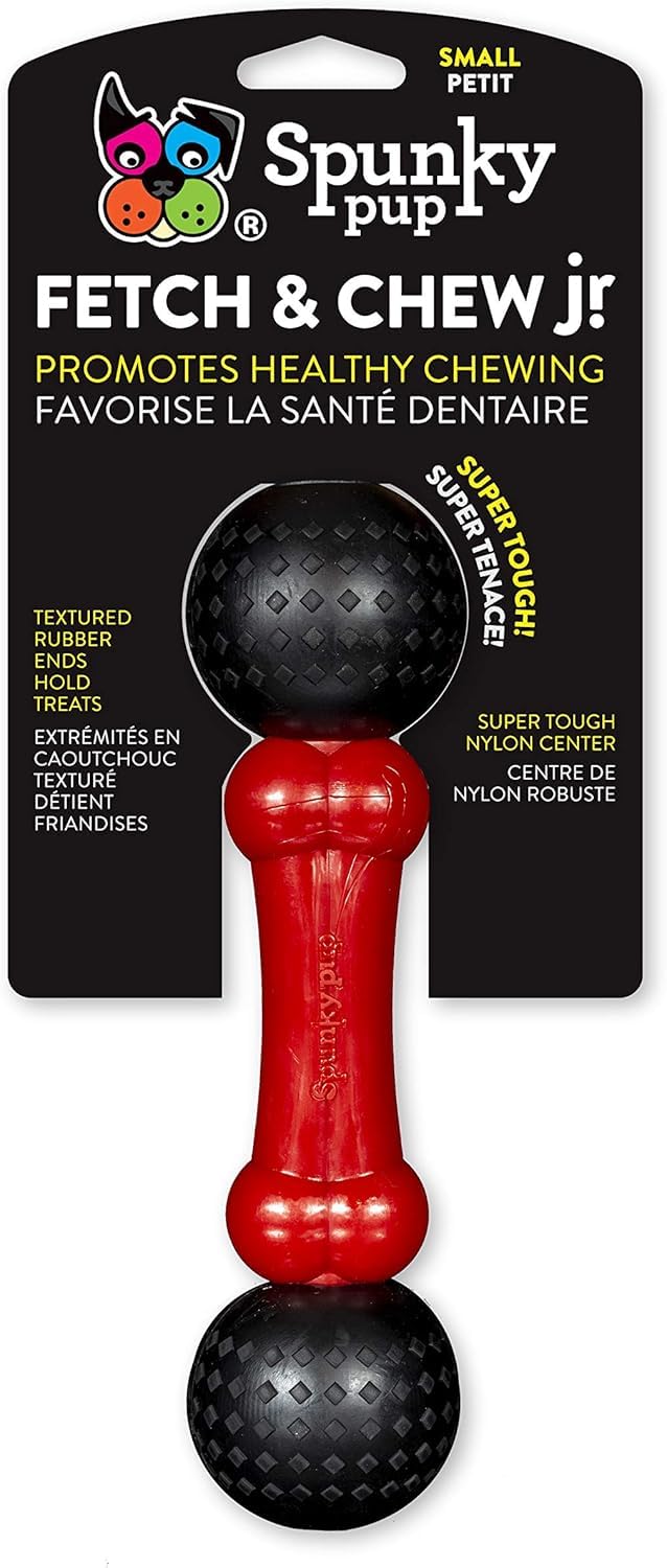 Spunky Pup Fetch and Chew Bone Small features nylon core and rubber ends for dental cleaning.
