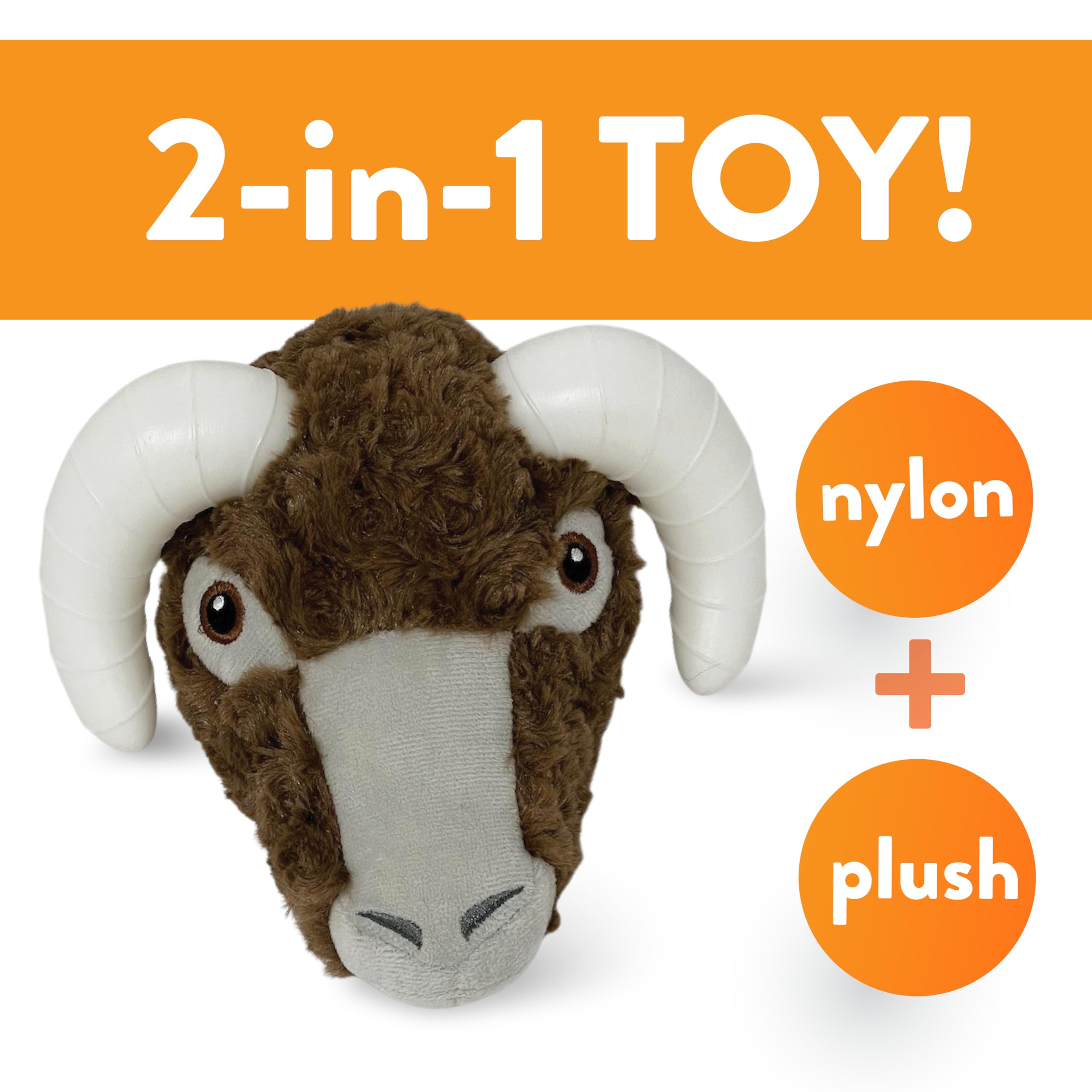 Spunky Pup Knucklehead ram-shaped plush chew toy featuring a squeaker for engagement.