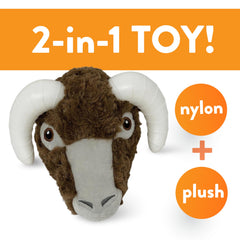 Spunky Pup Knucklehead ram-shaped plush chew toy featuring a squeaker for engagement.