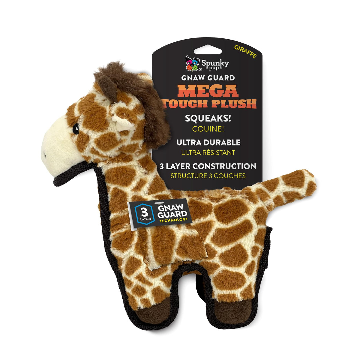 Spunky Pup MEGA Tough Plush Toy giraffe front view for large dogs—durable chewer option