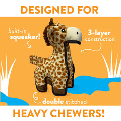 Spunky Pup MEGA Tough Plush Toy giraffe close-up of Gnaw-Guard fabric showing triple-layer construction for heavy chewers