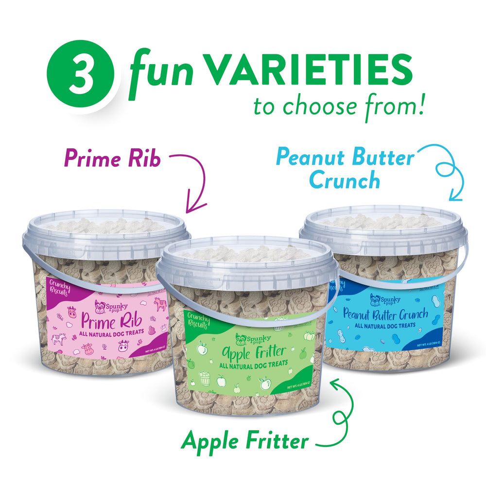 Spunky Pup resealable 4lb bucket—convenient freshness and easy portioning.
