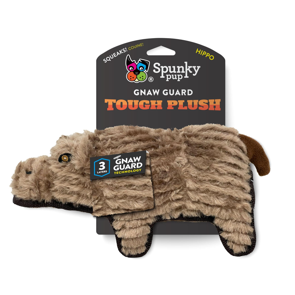 Spunky Pup Tough Plush Hippo side view shows durable triple-layer fabric.