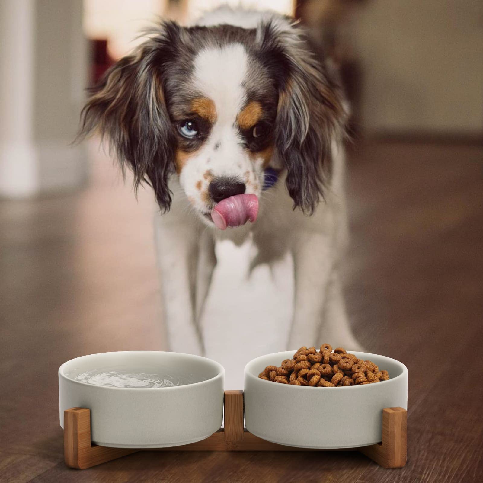 SPUNKYJUNKY ceramic cat bowl on wood stand keeps feeding area tidy.