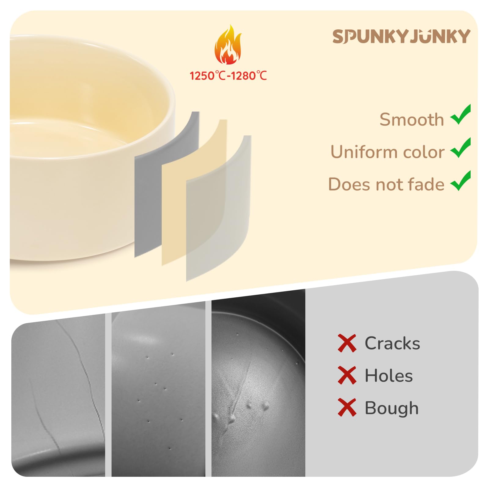 SPUNKYJUNKY 60oz ceramic dog-cat bowl beige side view emphasizes weight and stability.