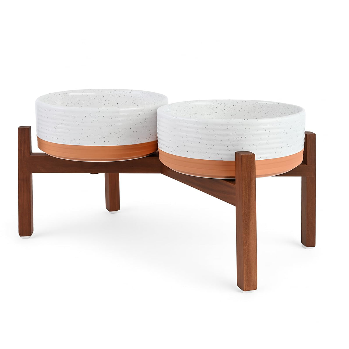 SPUNKYJUNKY ceramic elevated dog bowl with white ceramic bowl and acacia stand improves dining comfort