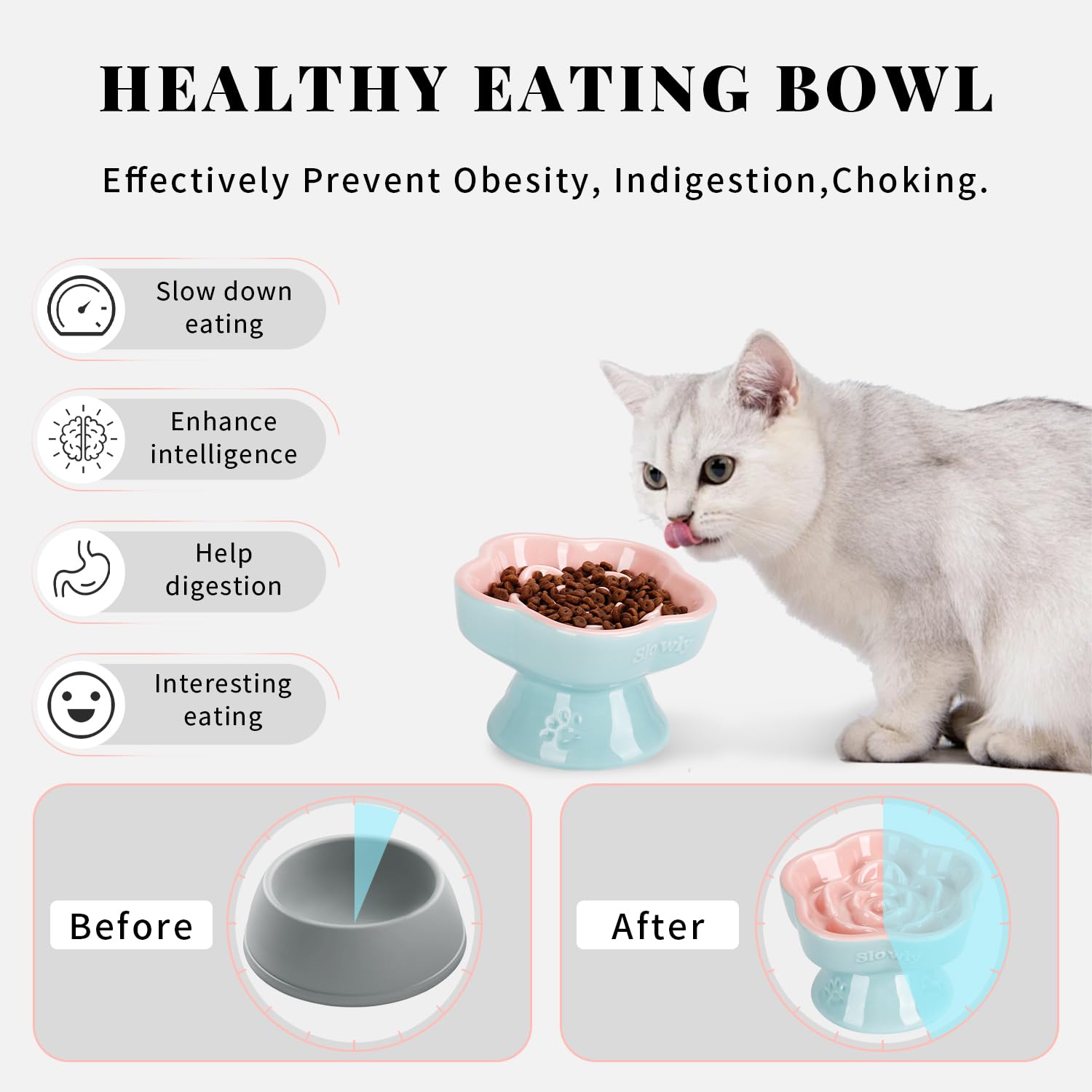S&Q'S CERAMICS elevated tilt bowl on a dining setup demonstrates neck-friendly slow feeding for cats.