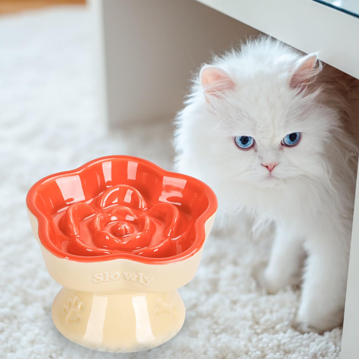 S&Q'S CERAMICS orange flower bowl for small pets supports wet or dry food.