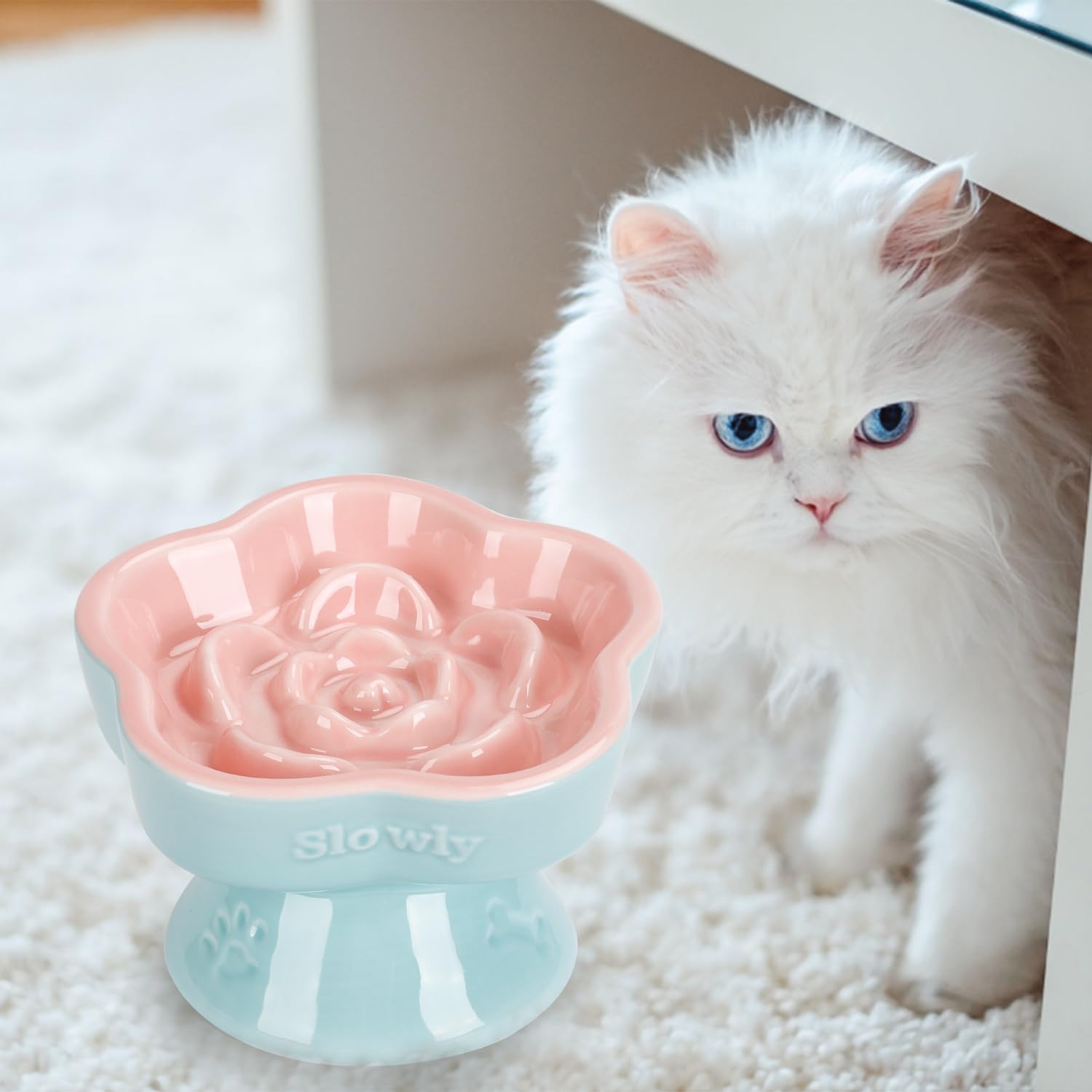 S&Q'S CERAMICS pink slow feeder bowl suits dry and wet food setups.