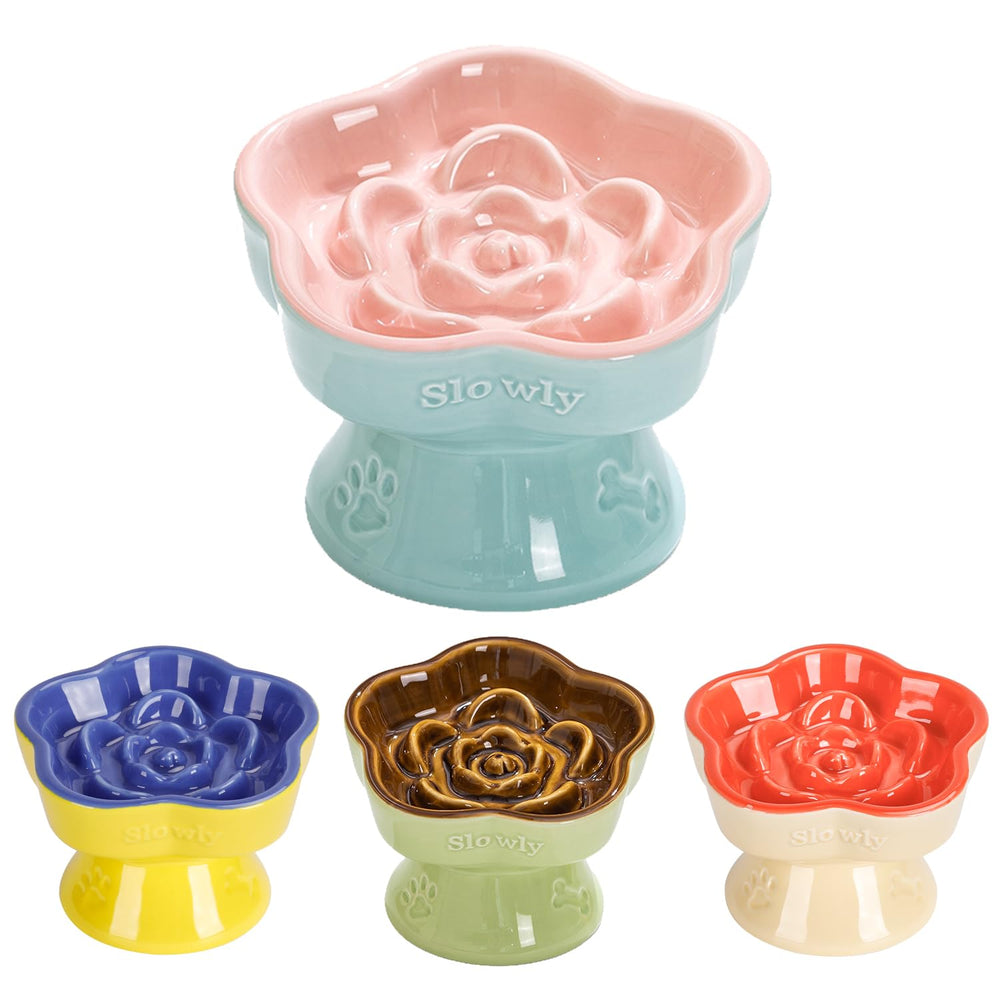 S&Q'S CERAMICS raised slow feeder bowl pink close-up highlights durable ceramic stability for calm meals.