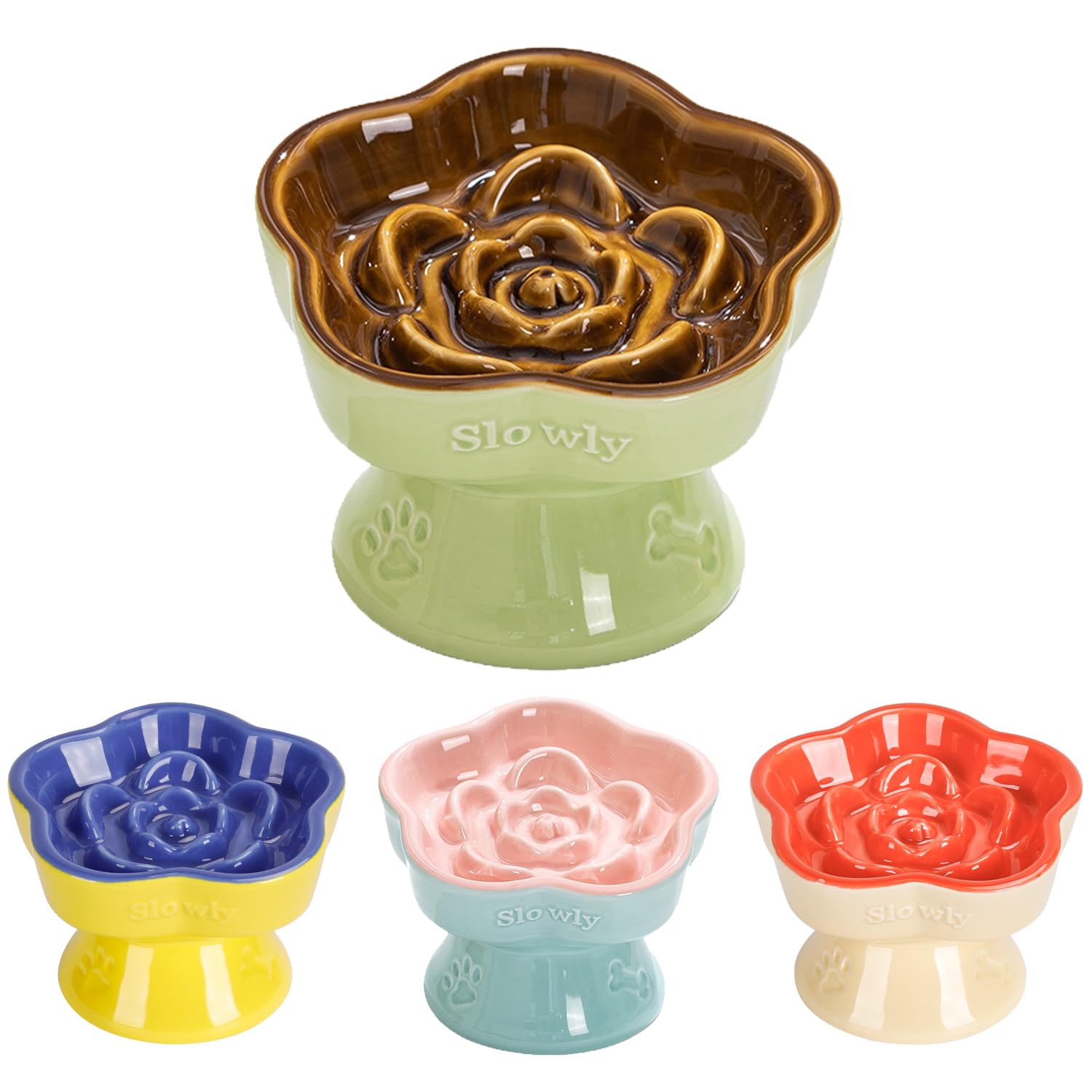 S&Q'S CERAMICS raised slow-feeder cat bowl brown with stable elevated design