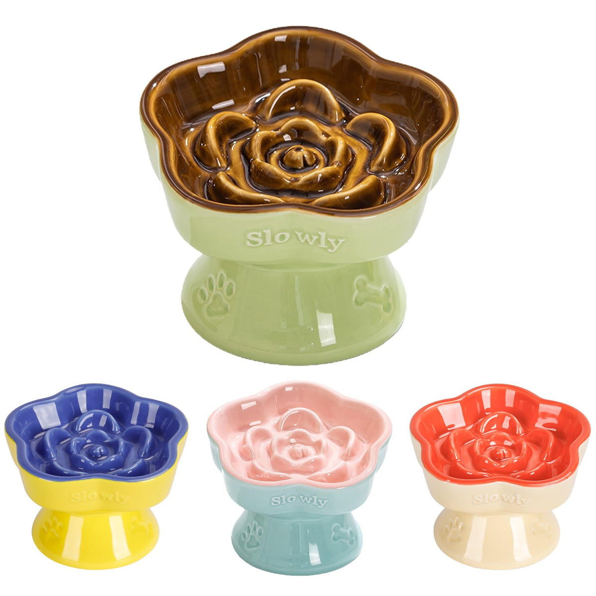 S&Q'S CERAMICS raised slow-feeder cat bowl brown with stable elevated design