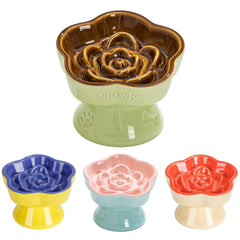 S&Q'S CERAMICS raised slow-feeder cat bowl brown with stable elevated design