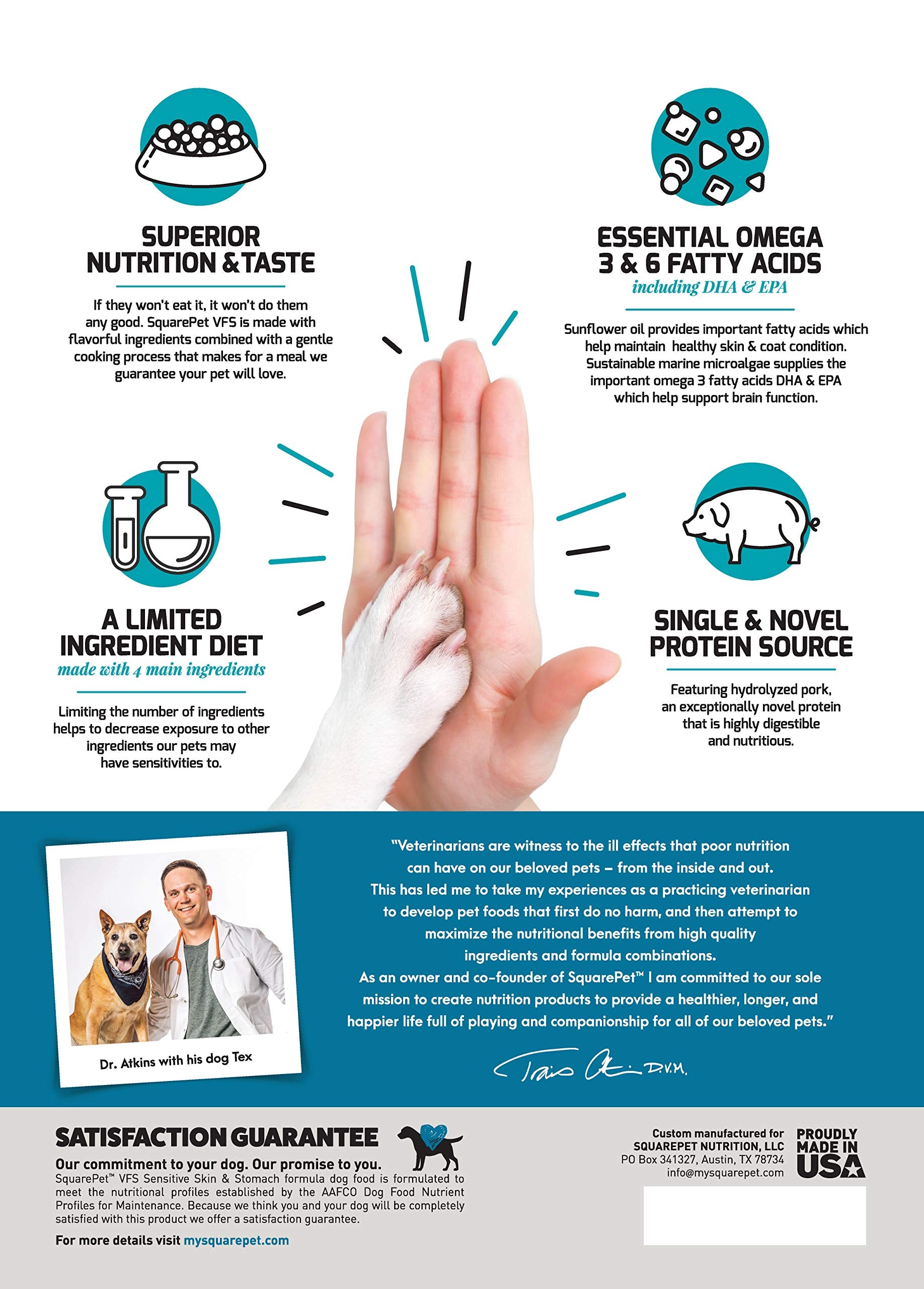 SquarePet VFS omega fatty acids graphic highlighting skin and coat health benefits.
