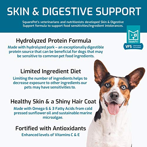 SquarePet VFS hydrolyzed pork protein detail showing reduced GI reactions and skin support.