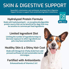 SquarePet VFS hydrolyzed pork protein detail showing reduced GI reactions and skin support.