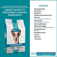SquarePet VFS ingredients label emphasizes limited-ingredient diet for canine sensitivities.