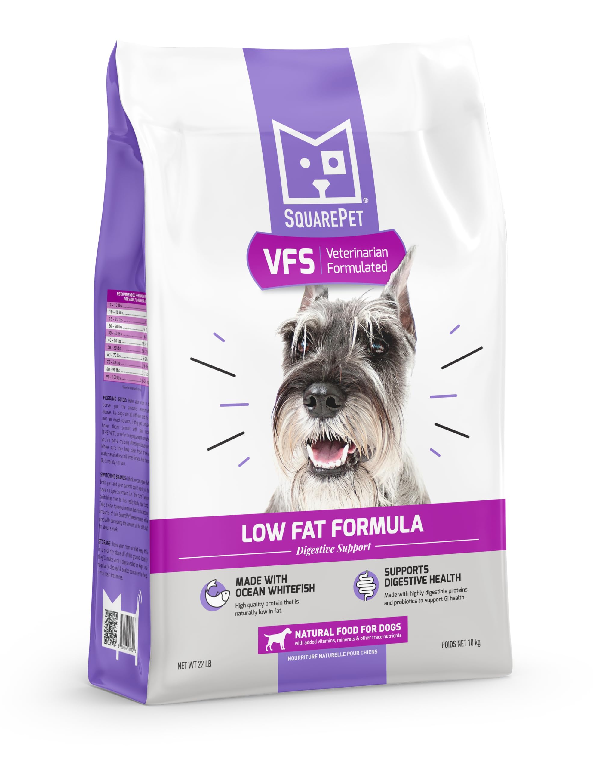 SquarePet VFS low fat formula dry dog food bag showing lean nutrition and packaging.