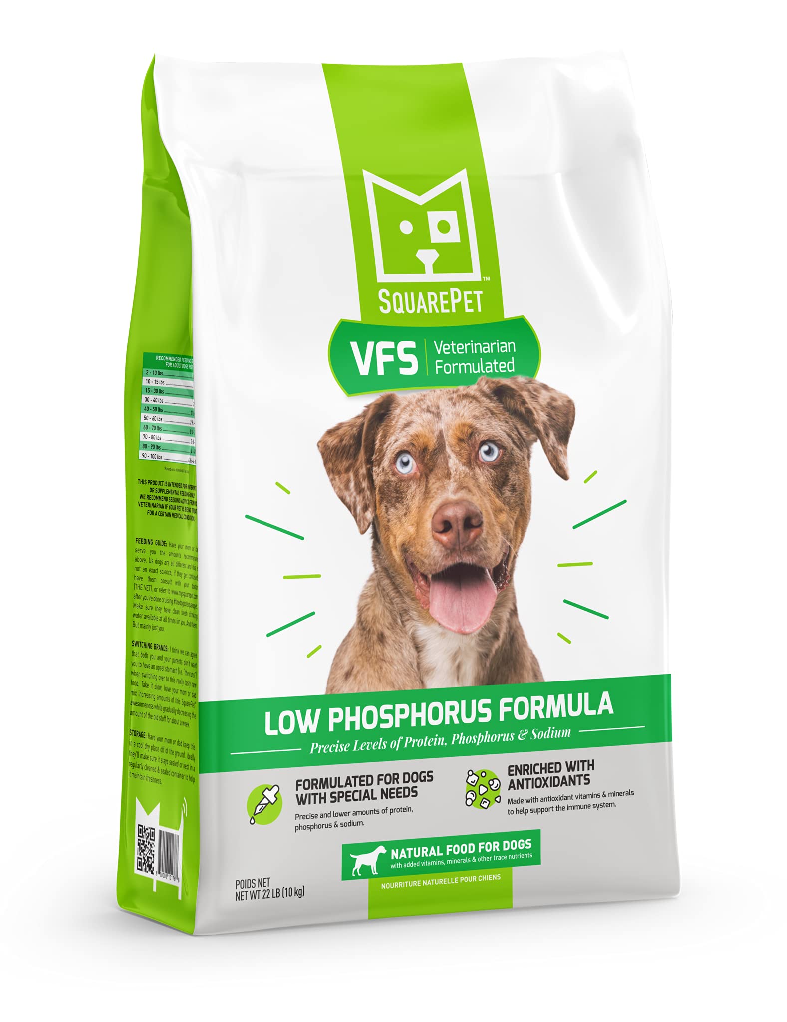 SquarePet VFS Low Phosphorus formula bag shows cage-free turkey and eggs for kidney health support.