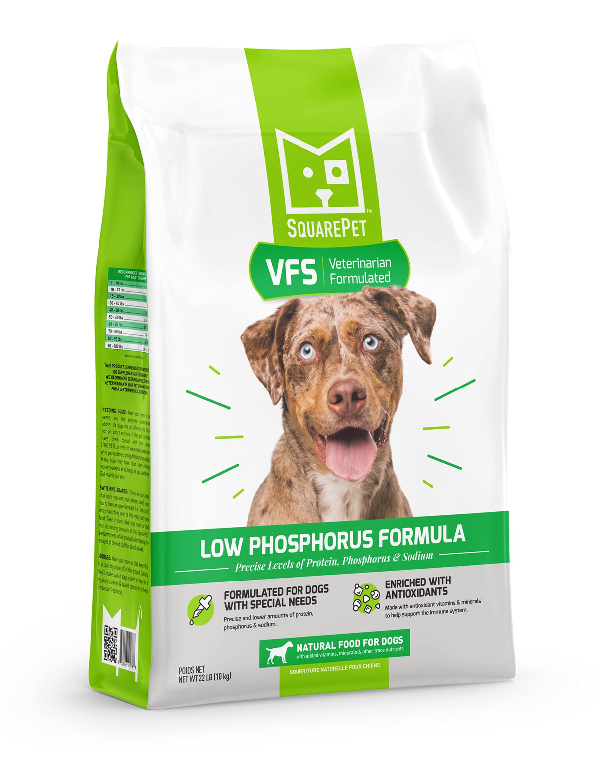 SquarePet VFS Low Phosphorus formula bag shows cage-free turkey and eggs for kidney health support.