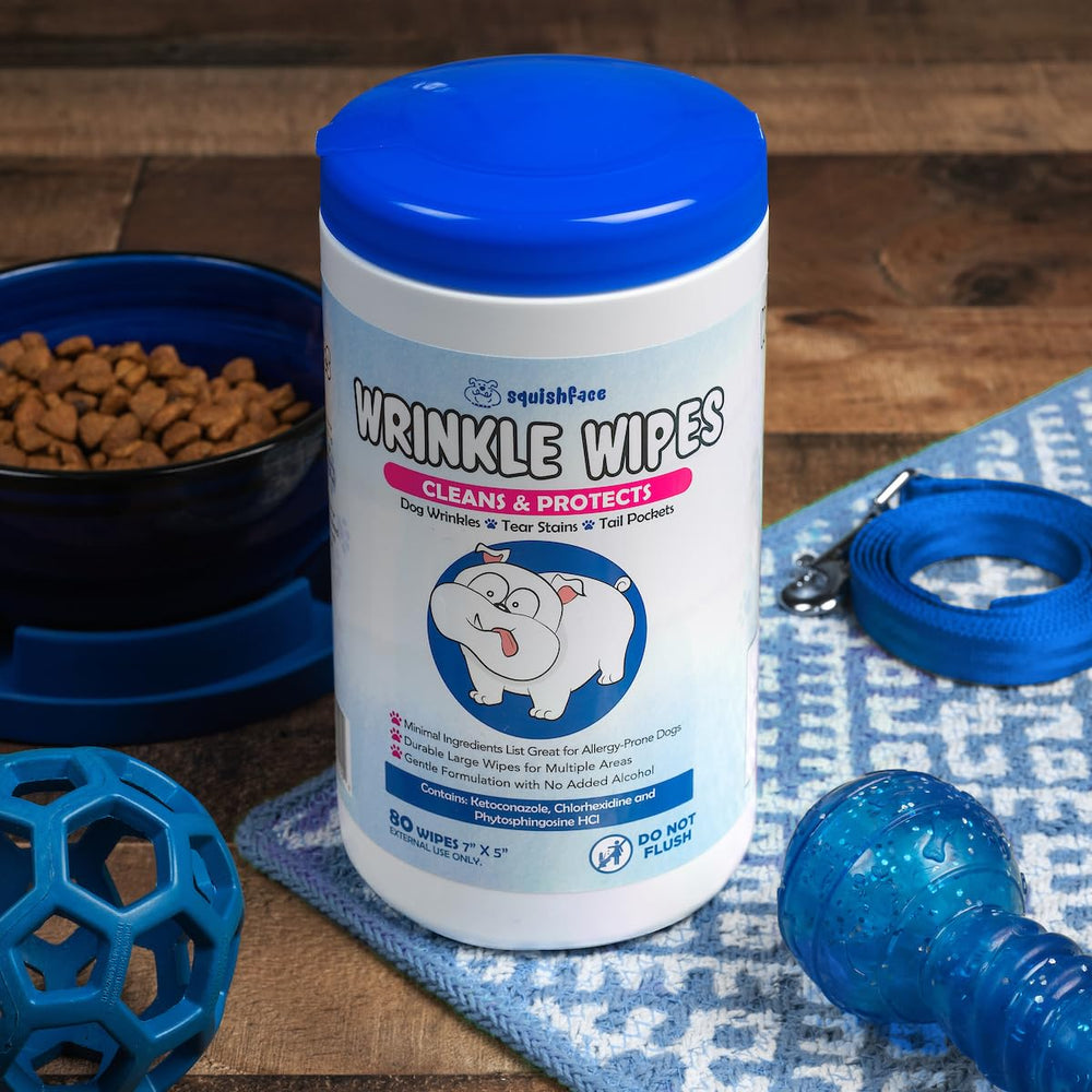 Squishface Wrinkle Wipes suitable for bulldogs, pugs, and all breeds.