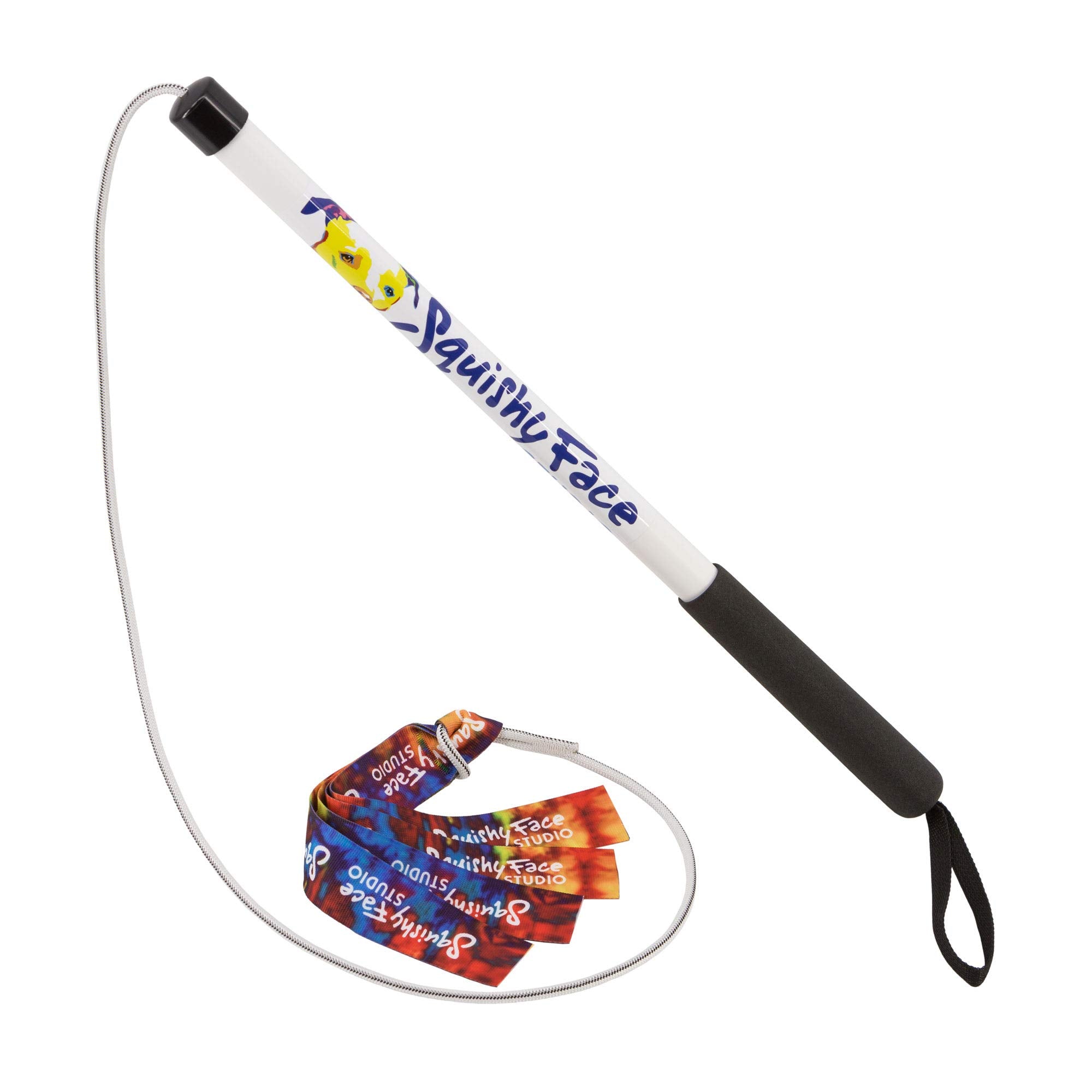 Squishy Face Studio Flirt Pole V2 with rainbow lure for engaging dog play and training.
