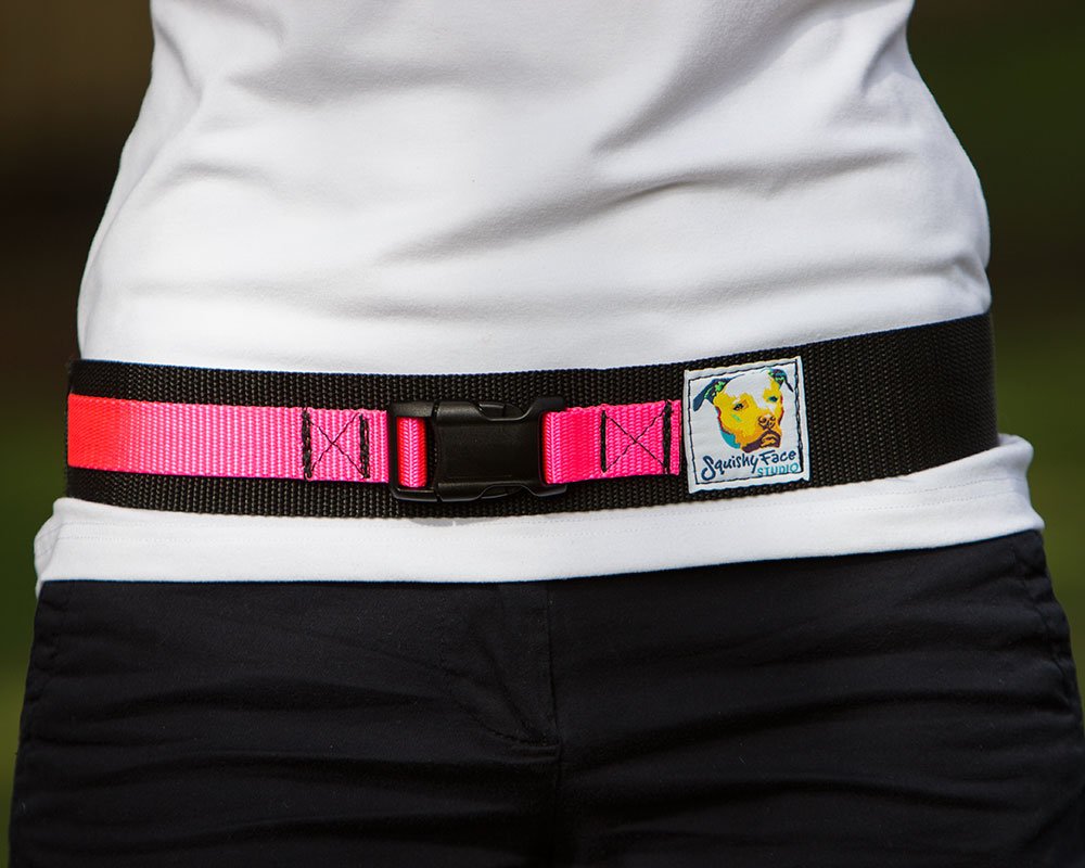 Squishy Face Studio leash-belt compatibility neon pink shows works with any leash for versatile use.