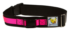 Squishy Face Studio leash belt neon pink worn on hips enables hands-free control during walks.