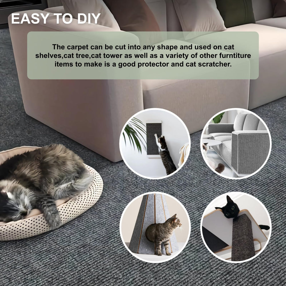 SREBAY cat scratching mat on sofa illustrates easy cleaning and hair removal.