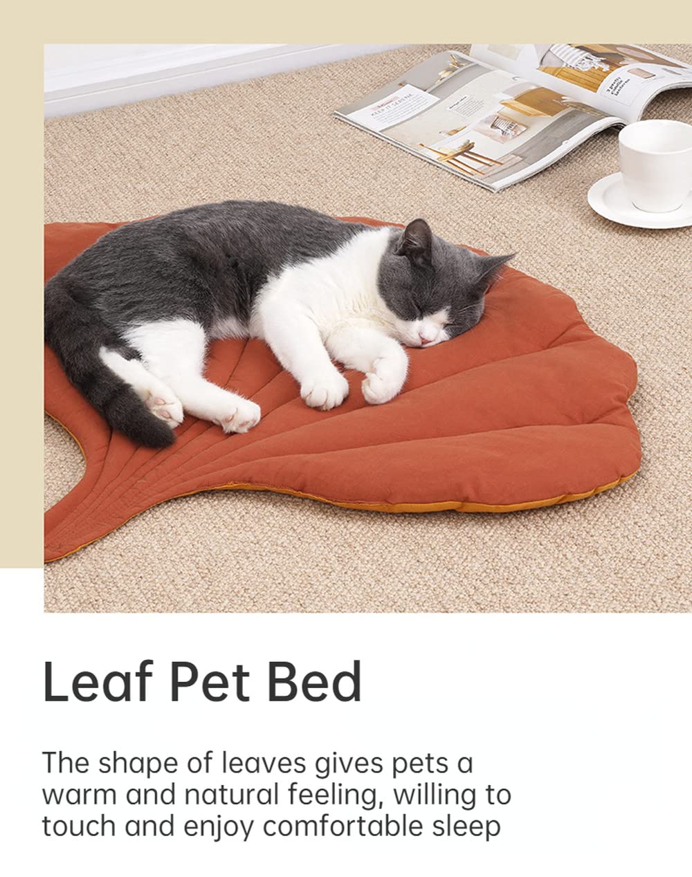 SSDHUA leaf-design cat nest interior scene suggests nature-inspired pet lounging.