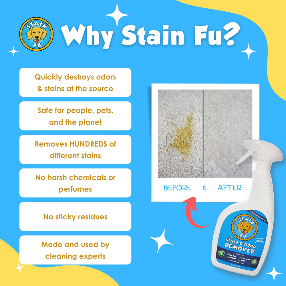 STAIN FU Pro Strength removes tough feces stains with visible results