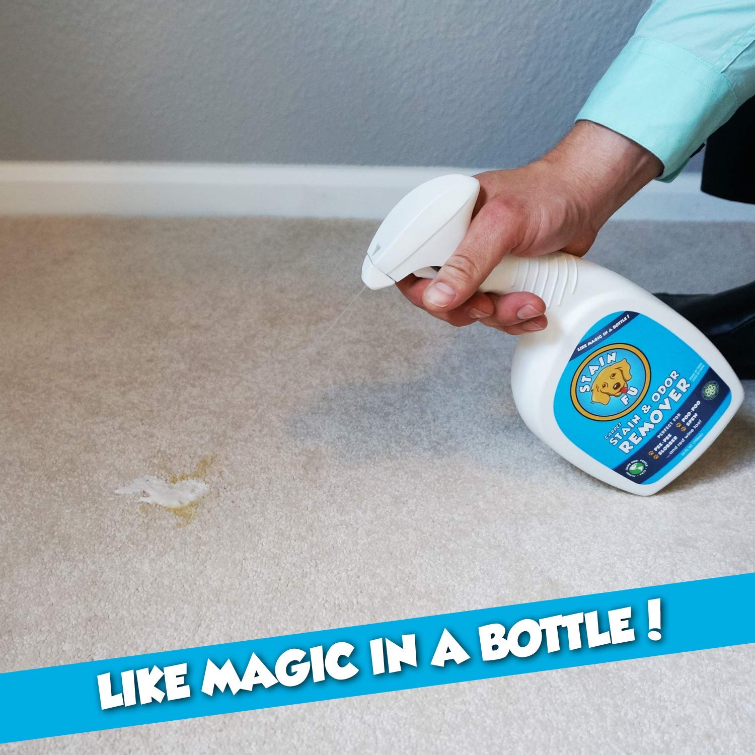 STAIN FU Pro Strength conquers red wine stains on carpet fibers