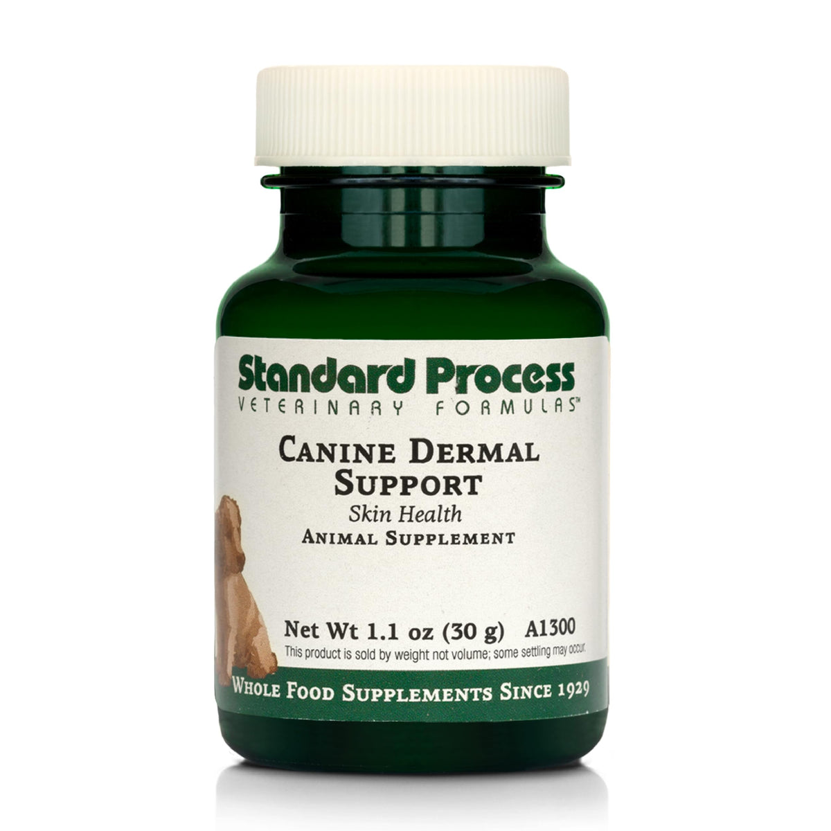 Standard Process Canine Dermal Support bottle closeup highlighting skin and immune health support.