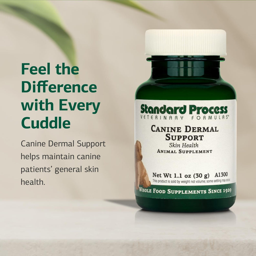 Standard Process Canine Dermal Support jar label closeup showing whole-food ingredients for liver and skin health.
