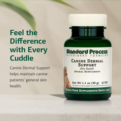 Standard Process Canine Dermal Support jar label closeup showing whole-food ingredients for liver and skin health.