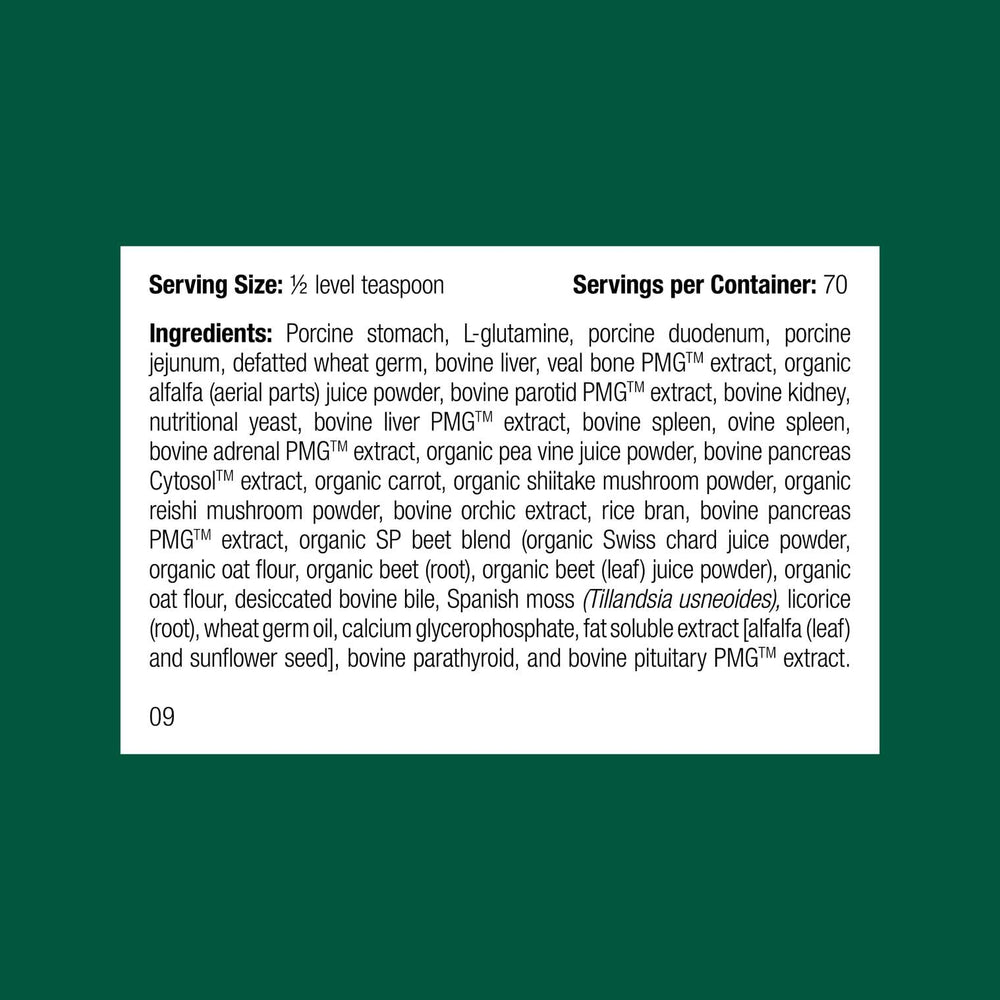 Standard Process Canine Enteric Support label close-up highlighting ingredients for gut health.