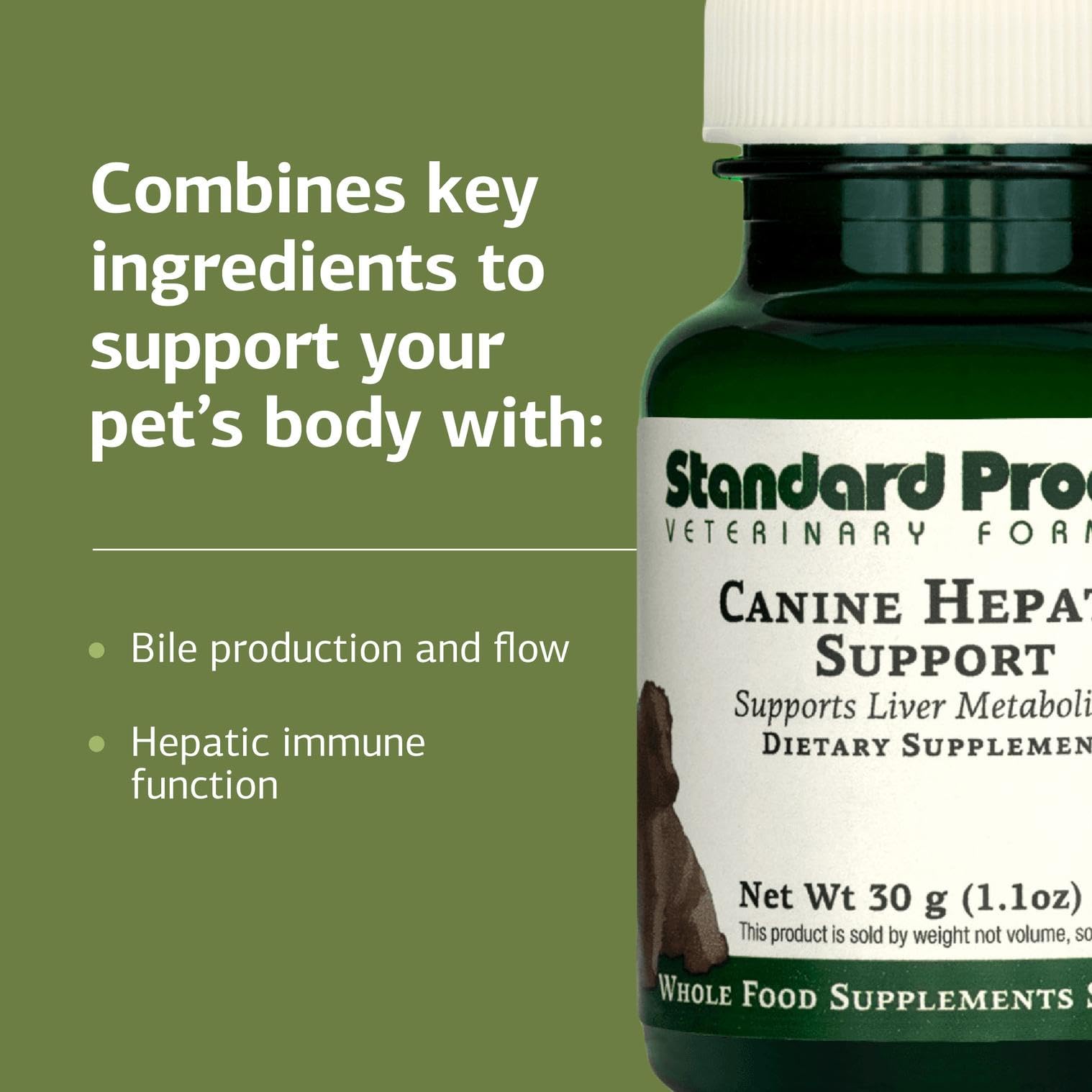 Standard Process Canine Hepatic Support scoop showing weight-based dosing for tailored canine support.