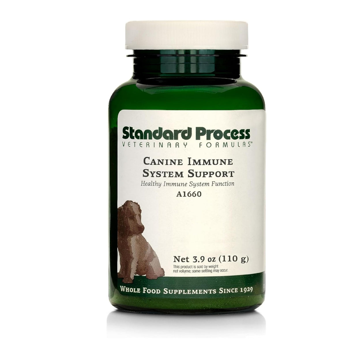 Standard Process Canine Immune System Support bottle label highlighting zinc and kelp for immune support