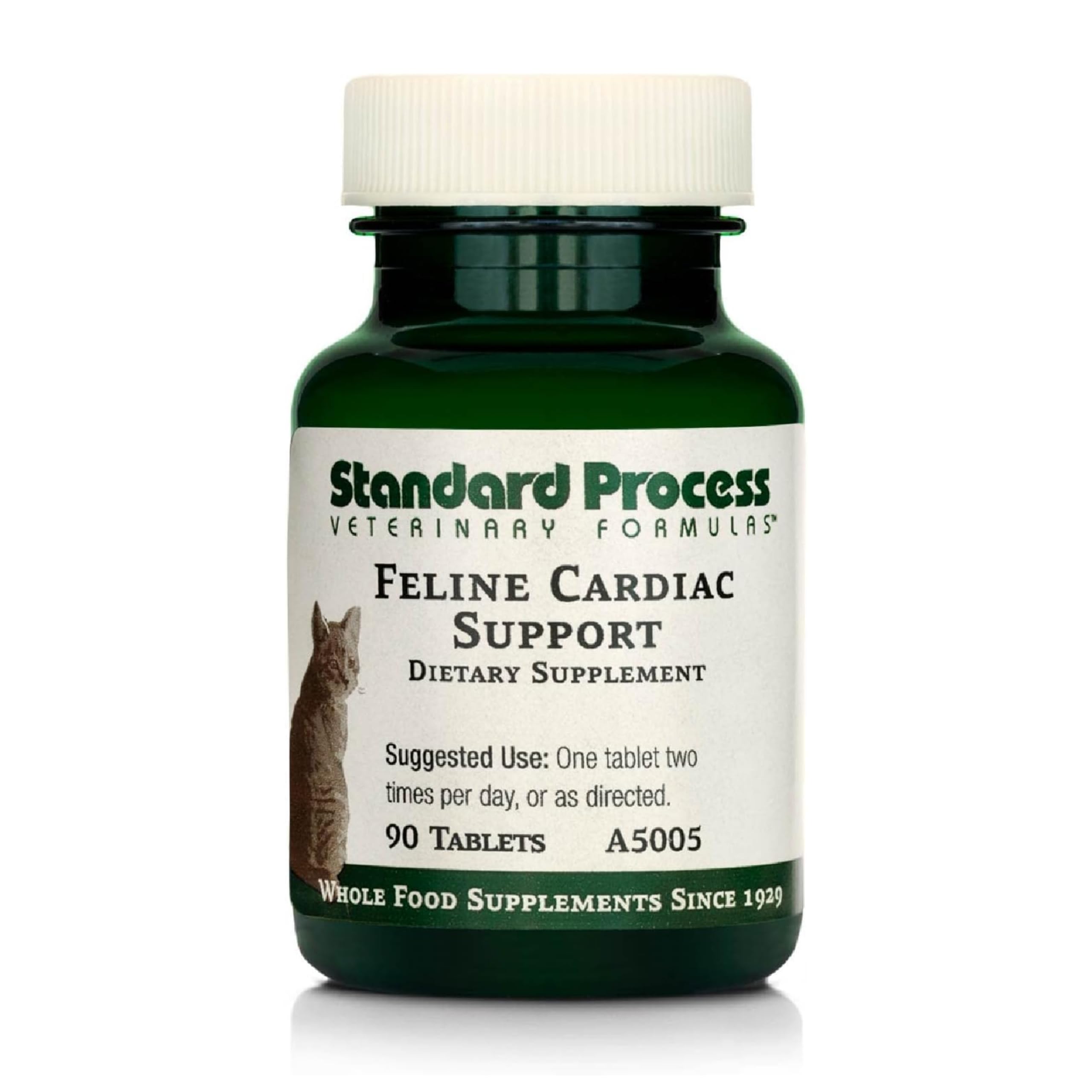 Standard Process Feline Cardiac Support bottle front for heart health-focused cat care.