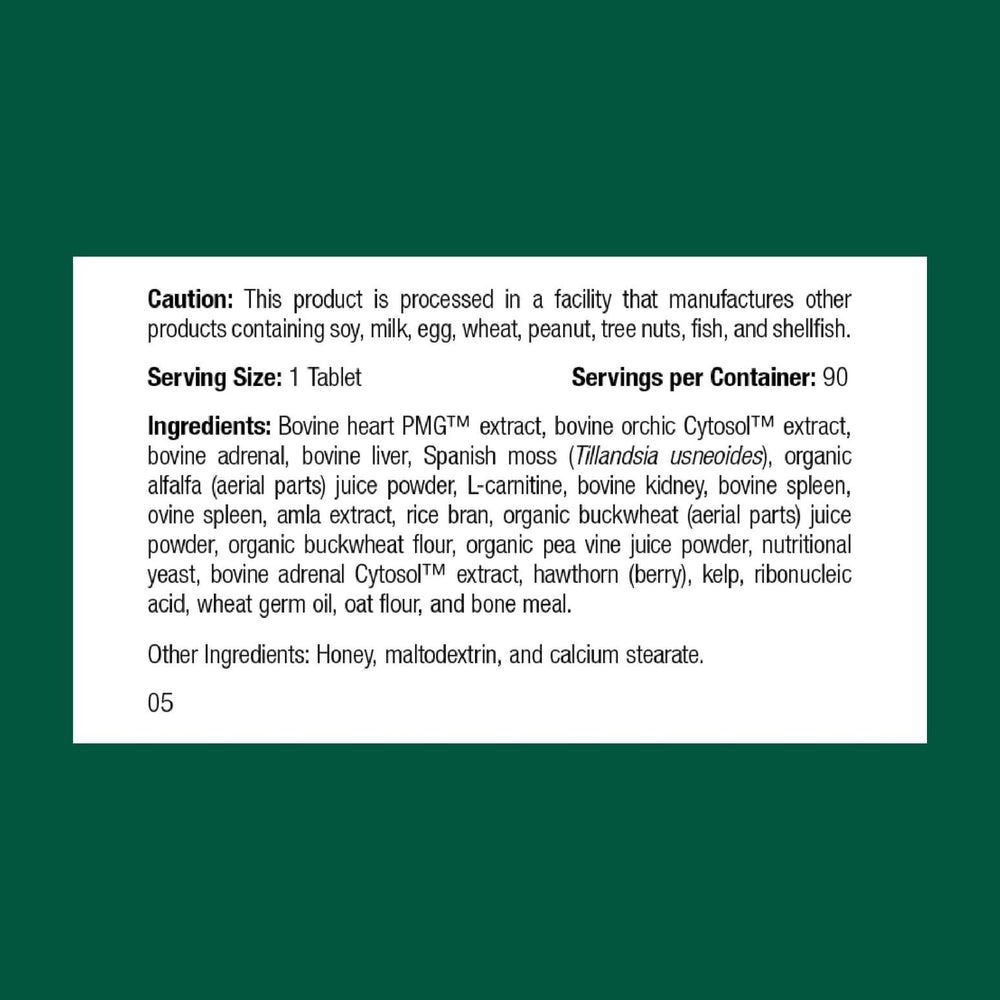 Standard Process Feline Cardiac Support tablets closeup highlights daily dosing.